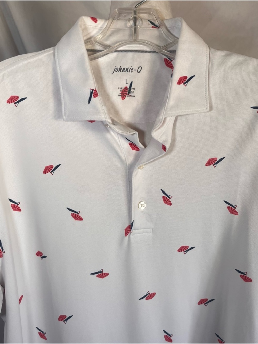 Johnnie-O Golf Polo White with Red & Navy Umbrella Print‎ Size Large Lightweight